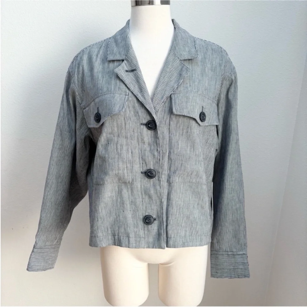 Rag and Bone Designer Jacket Cropped Striped Jessie Coat Linen Gray Size Medium - Picture 2 of 14